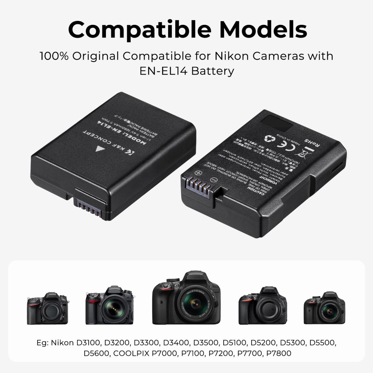 K&F Concept Dual EN-EL14 Battery + Charger Kit for Nikon Cameras-KF28.0020 - Image 3