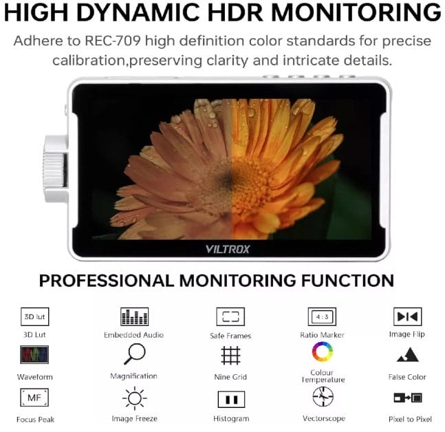 Viltrox DC-V1 HD 4K 5.5 Inch Touch Screen Camera Monitor - White - Image 6