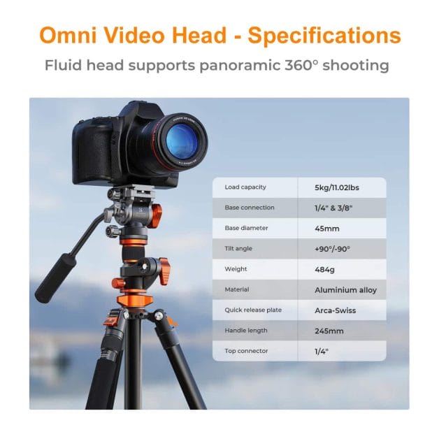 K&F Omni-Reach Video Tripod with Integrated Angle Arm & Monopod - Image 7