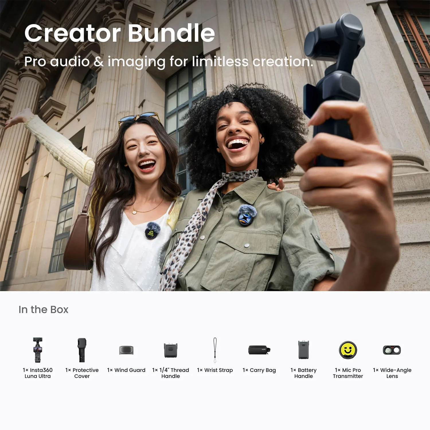 Insta360 - Luna Ultra Gimbal Camera - Black Creator Bundle Includes Protective Cover, 1/4" Thread Handle, Mic Pro Transmitter, Mic Windshield, Button - Image 3