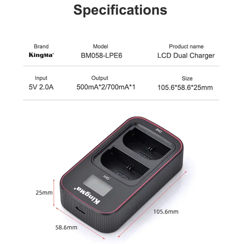 KingMa BM058-LPE6 LCD Dual USB-C Charger for Canon LP-E6 LP-E6N LP-E6NH - Image 4
