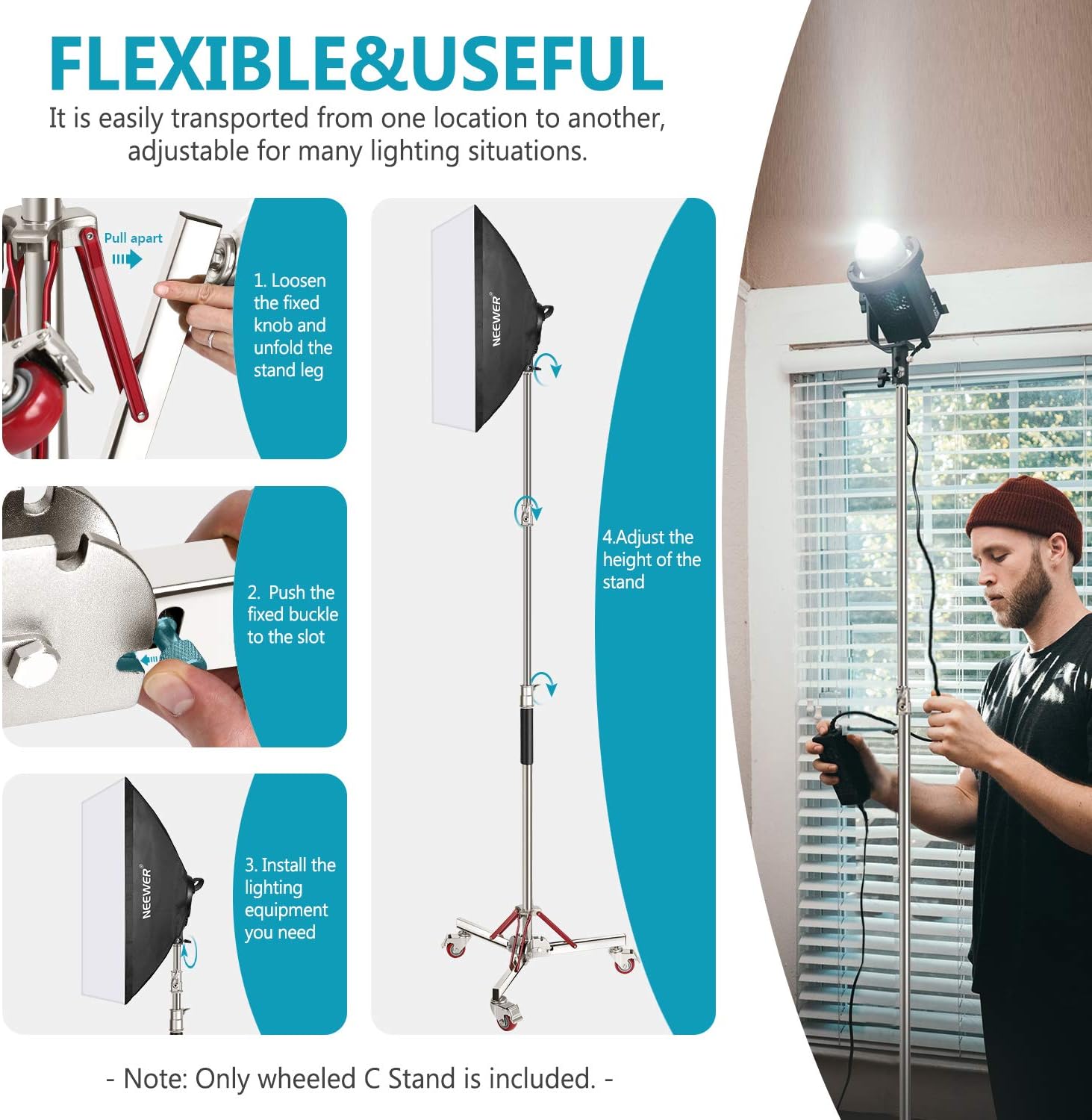 Neewer SC305W 305cm Heavy Duty Stainless Steel Light Stand with Casters - Image 4