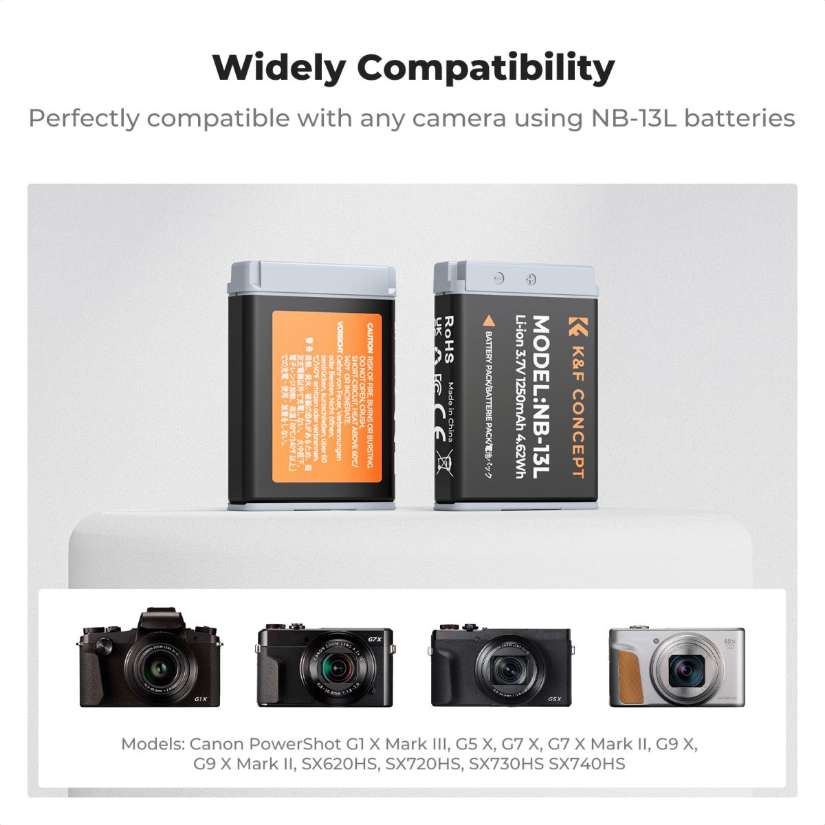 K & F Concept K&F Concept 2 Pack NB-13L Batteries & LCD Charger for Canon