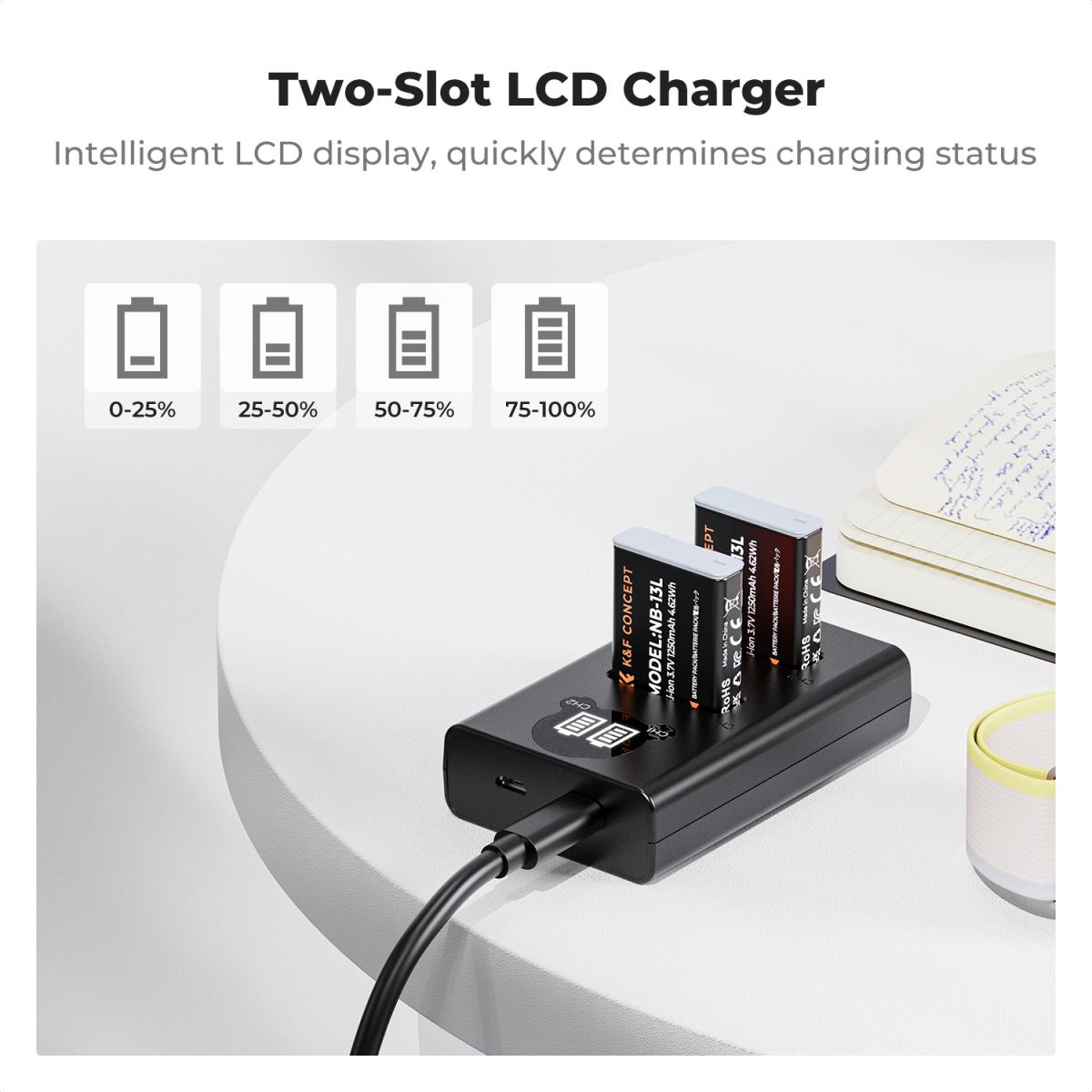 K & F Concept K&F Concept 2 Pack NB-13L Batteries & LCD Charger for Canon