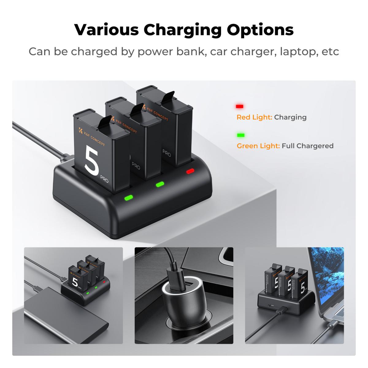 K & F Concept K&F Concept 3 Pack Batteries & Charger for DJI Osmo Action 5/4/3