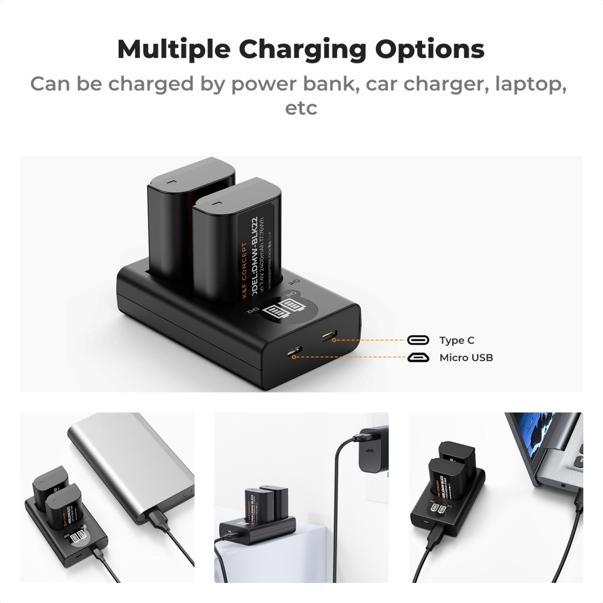 K & F Concept K&F Concept 2 Pack DMW-BLK22 Batteries & LCD Charger for Panasonic Lumix