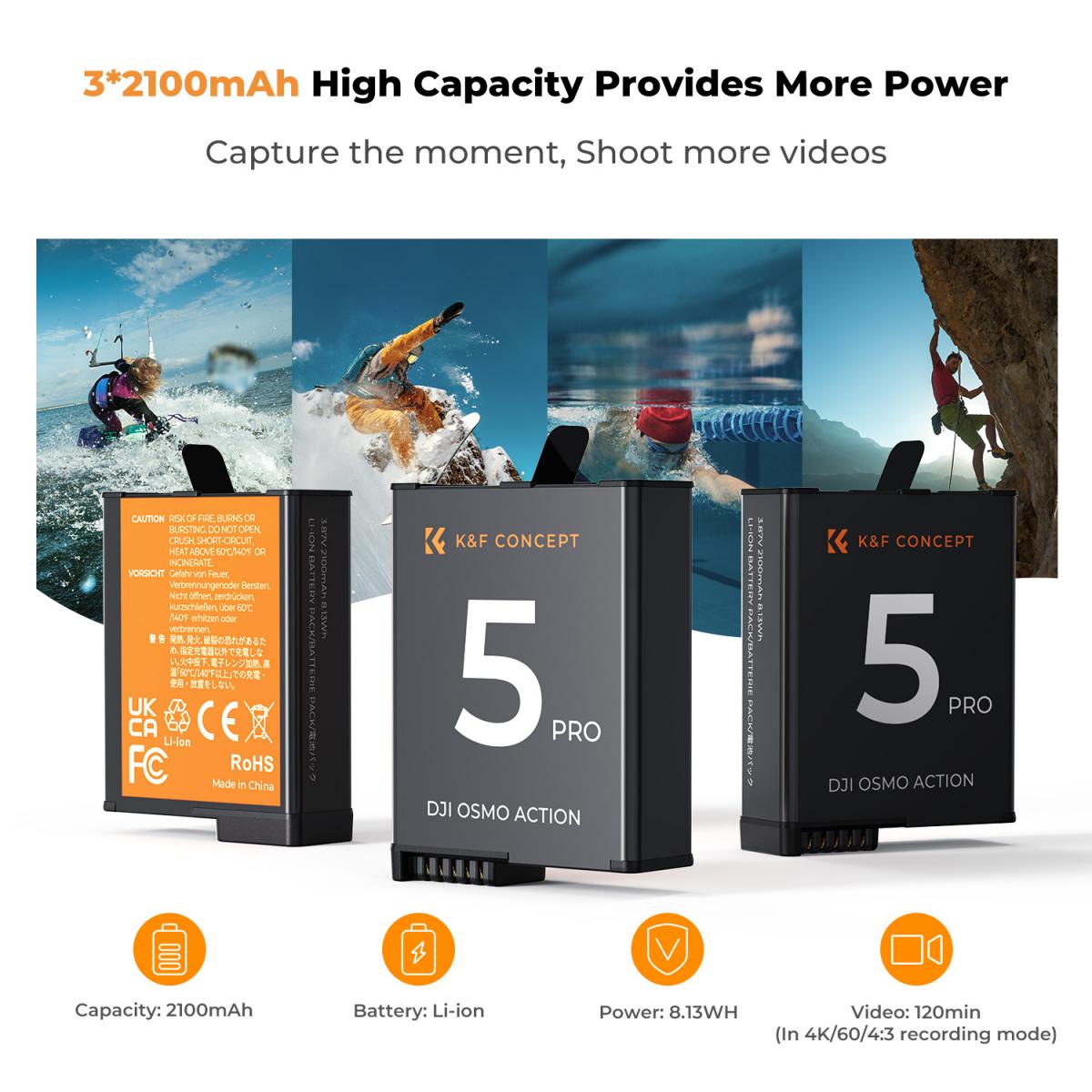 K & F Concept K&F Concept 3 Pack Batteries & Charger for DJI Osmo Action 5/4/3