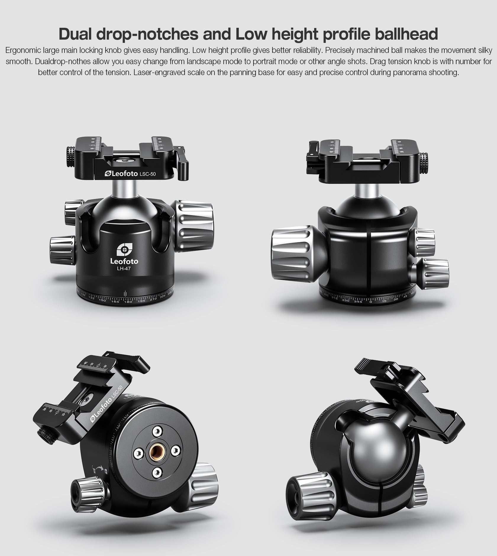 Leofoto LH-47SC Low Profile Ballhead with Dual Profile Picatinny/Arca Clamp