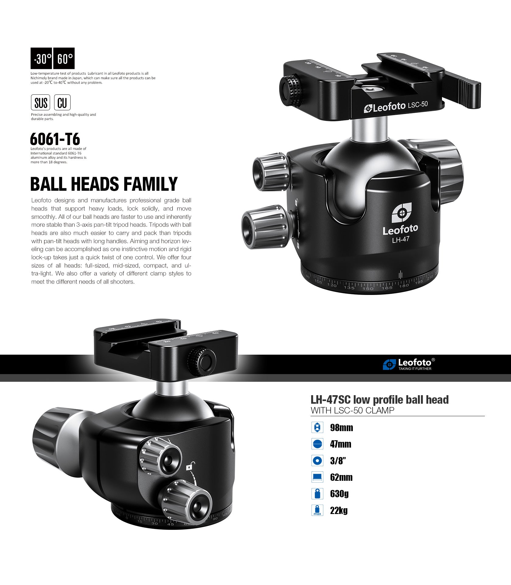 Leofoto LH-47SC Low Profile Ballhead with Dual Profile Picatinny/Arca Clamp