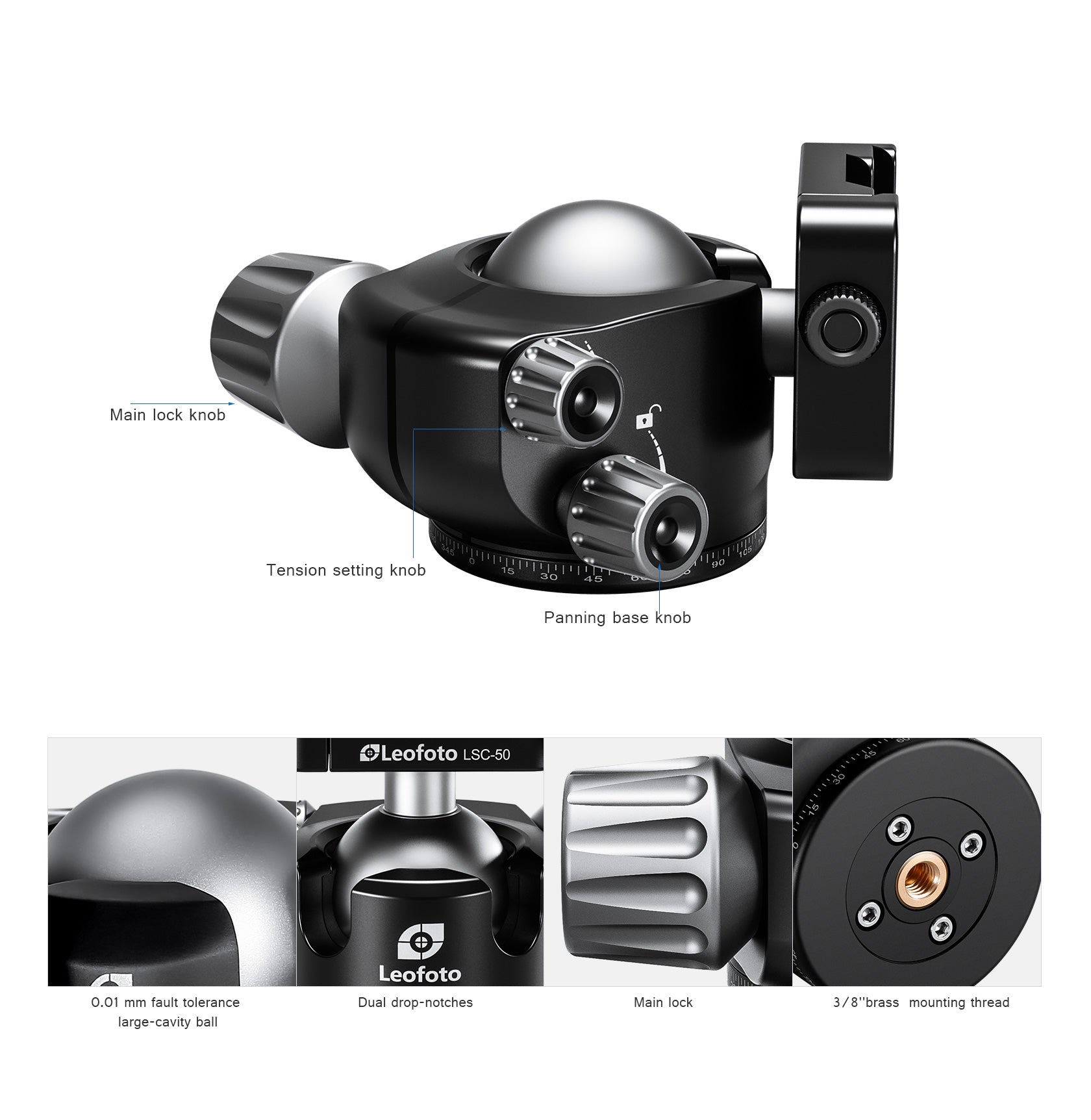 Leofoto LH-47SC Low Profile Ballhead with Dual Profile Picatinny/Arca Clamp