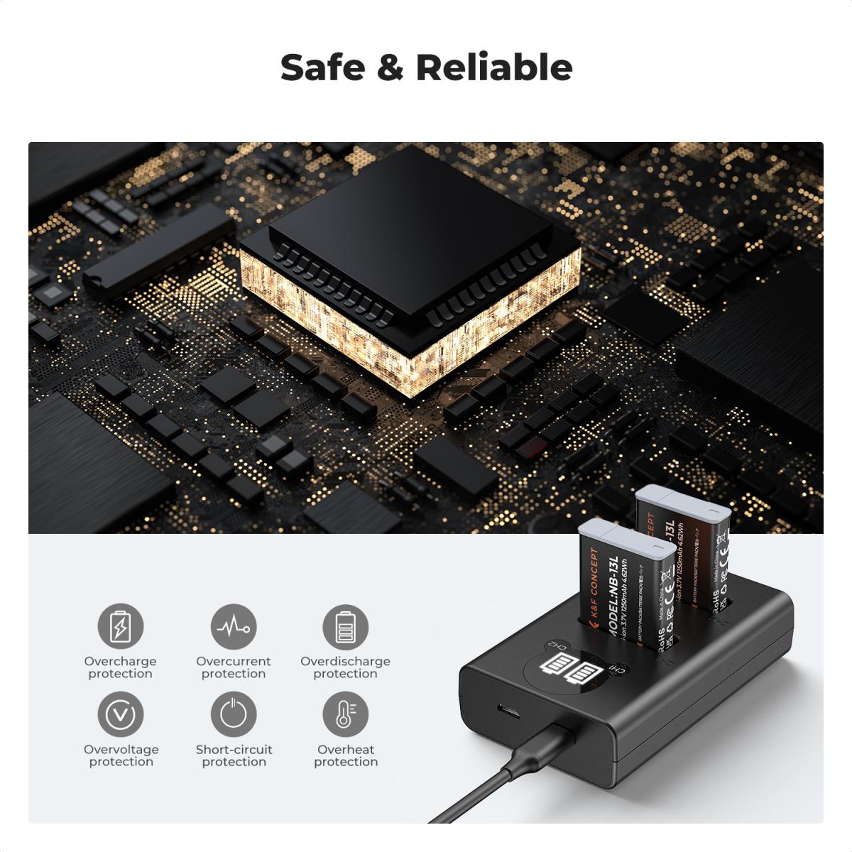 K & F Concept K&F Concept 2 Pack NB-13L Batteries & LCD Charger for Canon
