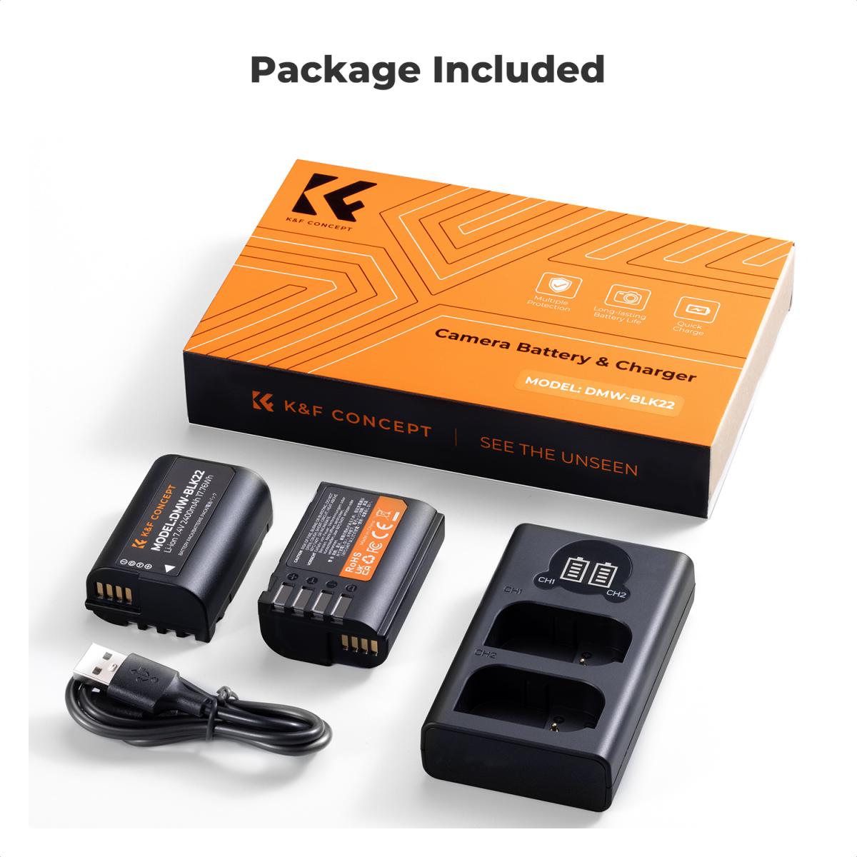 K & F Concept K&F Concept 2 Pack DMW-BLK22 Batteries & LCD Charger for Panasonic Lumix