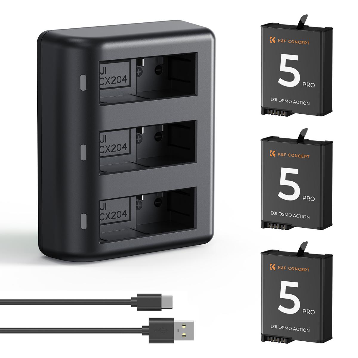 K & F Concept K&F Concept 3 Pack Batteries & Charger for DJI Osmo Action 5/4/3
